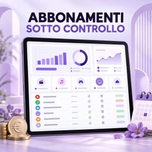 Può includere: Un tablet che mostra una dashboard finanziaria con grafici a barre, un grafico a torta e un grafico a linee, con il testo ABBONAMENTI SOTTO CONTROLLO. Lo schermo presenta icone di servizi, monete in euro e un calendario.