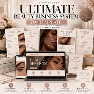 May include: A digital marketing kit titled Ultimate Beauty Business System featuring 70+ templates including price lists, client intake forms, aftercare guides, booking policies, and loyalty cards displayed on a laptop, smartphone, and printed cards.