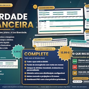 May include: A digital financial planner in Excel format featuring a dashboard, budget tracking, debt management, and savings goals. The layout includes text labels like PROJETO LIBERDADE FINANCEIRA, BASIC, and COMPLETE, with various spreadsheet views.