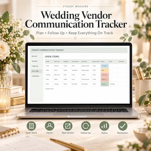Può includere: Uno schermo di un portatile mostra un foglio di calcolo Wedding Vendor Communication Tracker con colonne per fornitore, argomento, proprietario, azione, data e stato. Sotto lo schermo ci sono sei icone circolari etichettate come Open Items, Owner, Next Action, Follow-Up, Status e Resolution.