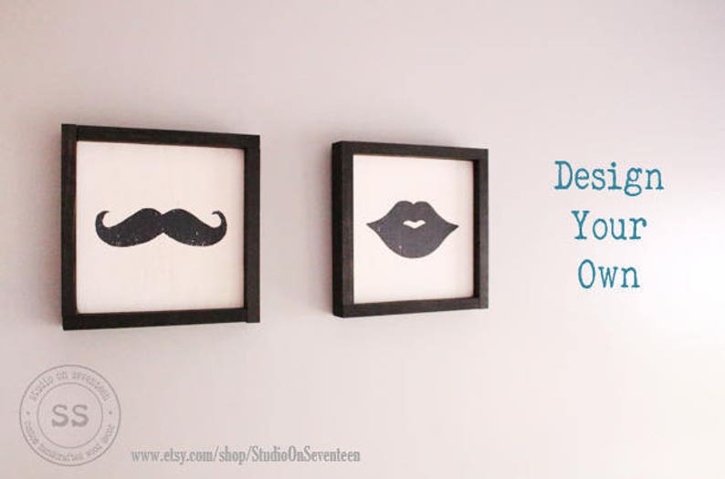 Set of 2 Mustache and Lips Wall or Shelf Decor-LipsWallShelf Decor 10.75x10.75 SALE Ready to Ship MustacheLips Wood Signs