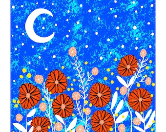 Poppy Night Sky - Red Poppy and Blue Night Sky Floral Art Print - Digital Illustration