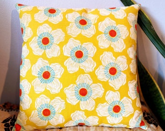California Poppy Throw Pillow - Yellow Floral Hand Printed Pillow