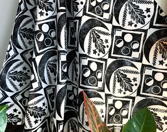 Harvest Moon Tea Towel - Black and White Moon Phase Fall Kitchen Towel - Hand Block Printed Autumn Towel