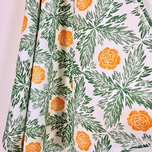 Marigold Tea Towel - Green and Yellow Kitchen Towel - Hand Block Printed Floral Towel