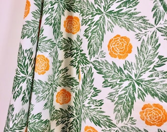 Marigold Tea Towel - Green and Yellow Kitchen Towel - Hand Block Printed Floral Towel