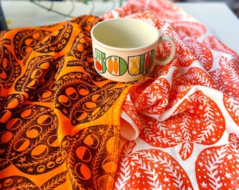 Pumpkin Tea Towel Set of Two - Hand Printed Pumpkin Fall Kitchen Towel