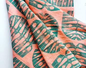 Monstera Leaf Tea Towel - Peach and Turquoise Hand Dyed and Hand Block Printed Kitchen Towel