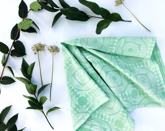 May include: A folded green tea towel with a white geometric pattern. The towel is folded in a triangular shape and has a white border.
