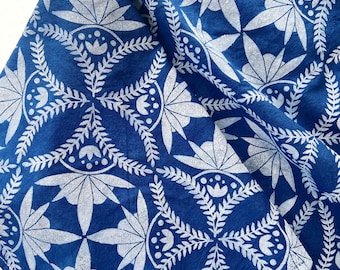 Folk Floral Blue Tea Towel - Hand Block Printed Blue and White Floral Pattern Kitchen Towel
