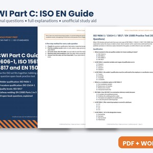 Guía CWI Parte C ISO EN y prueba práctica de 50 preguntas, navegación de códigos y pestañas, preparación para el examen de inspector de soldadura AWS, PDF