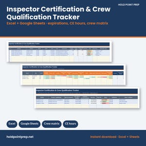 May include: A digital Inspector Certification & Crew Qualification Tracker template for Excel and Google Sheets. The image displays three spreadsheet views with columns for expirations, CE hours, and crew matrix data, featuring blue and orange headers.