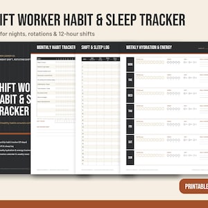 May include: A printable PDF shift worker habit and sleep tracker featuring a monthly habit tracker, a shift and sleep log, and a weekly hydration and energy tracker. The document uses a black, white, and orange colour scheme with clear headers.