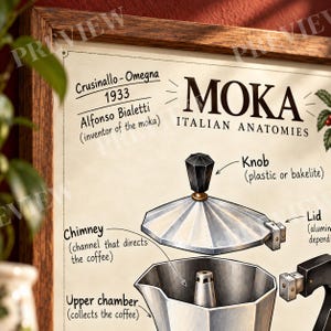Può includere: Un poster educativo incorniciato intitolato MOKA ITALIAN ANATOMIES che presenta un'illustrazione tecnica di una moka. Il diagramma etichetta componenti come il pomello, il coperchio, il camino e la camera superiore con testo.