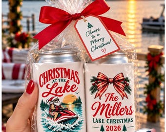 Personalized Christmas at the Lake Can Coolers, Custom Santa Jet Ski Holiday Party Favors, Lake House Christmas Gifts, Family Christmas