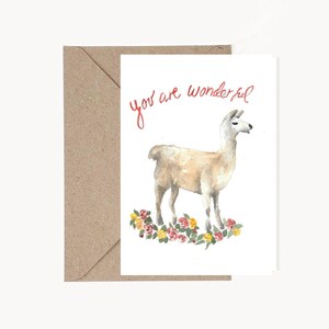 Carte pliante imprimable, oeuvre d'art murale à téléchargement immédiat, aquarelle de lama, carte d'anniversaire, carte de voeux lama, papier et fournitures de fête, carte aquarelle