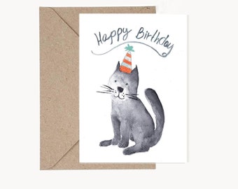 Carte d'anniversaire imprimable, carte de voeux aquarelle chat, carte d'anniversaire, articles de fête, carte aquarelle, fête à thème chat, carte à téléchargement immédiat