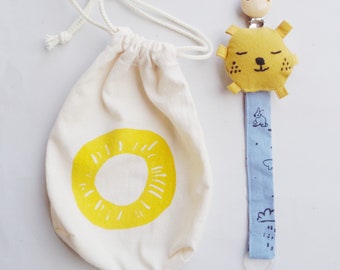 Pacifier clip with stuffed yellow sun and raincloud strap, Eco friendly baby gift handmade in Denmark.