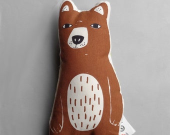 Brown bear-shaped canvas pillow , Handmade sustaniable  Nursery and kid's room Decoration Made in Denmark.