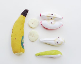 Pretend Play Food Fruitset banaan, appel en peer montessori Peuterspeelgoed. Handgemaakt canvas en fluweel Speelmarktaccessoires