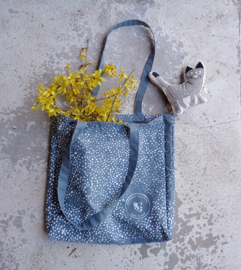 Craftsmanship Dusty Blue Polkadot Tote bag Handmade Eco Friendly Silkscreened Design