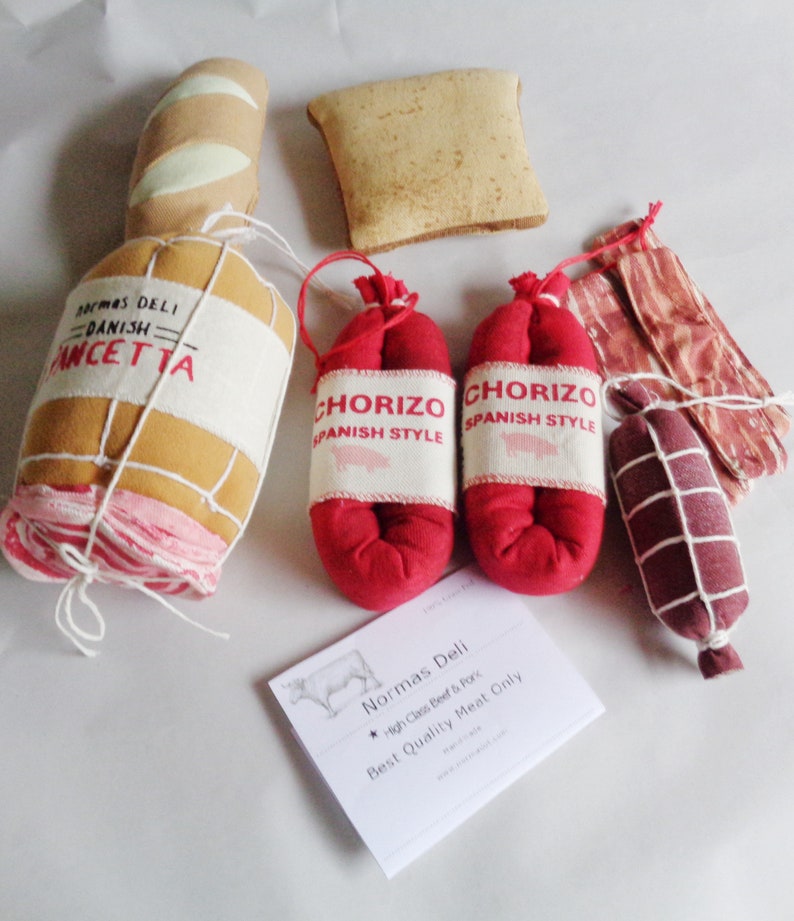Salami , bacon , chorizo textile play food pretend market toy