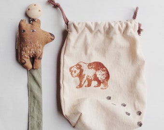 Pacifier clip stuffed brown bear durable baby gift handmade in Denmark