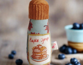 Pretend Maple Syrup bottle . Childrens Play Kitchen and market sustainable toddler textile toy handmade  in Denmark