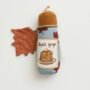 Handmade Maple Syrup Bottle Baby Rattle – Hand-Printed & Embroidered Soft Toy – Cotton Canvas and Velour – Unique Baby Shower Gift