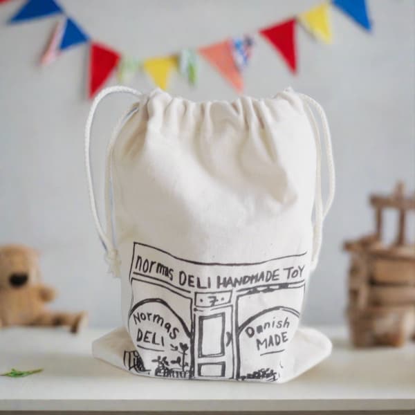 Toy storage cotton drawstring bag,Silkscreen printed, sustainable gift bag. Handmade in Denmark