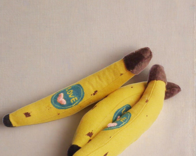 Life size banana rattle soft toy decorated with heart embroidery stitching, eco friendly handmade baby toy , Made in Denmark