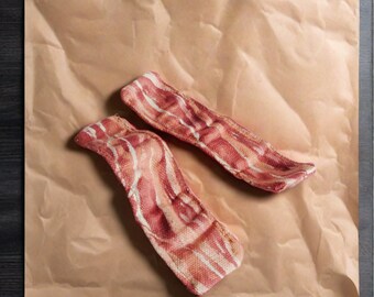 Kids pretend Play Kitchen Fried Bacon  2 piece washable textile play food handmade in Demark