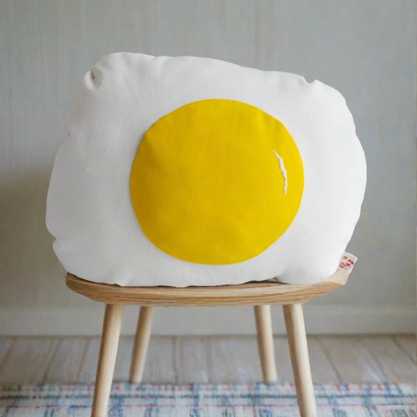 Fried Egg-Stuffed Canvas Cushion, Children's Room Decoration, Amusing Pillow, Eco-Friendly Kids Present, Handmade in Denmark