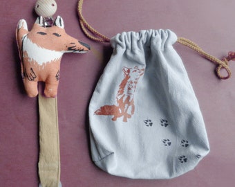 Pacifier Clip with Red and Brown Handprinted Fox ,Woodland Theme Baby Gift. Handmade in Denmark from natural materials