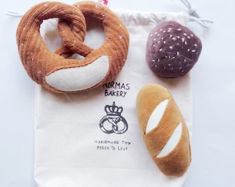 Baby rattle Plush Play Set - Velvet Pretzel - Baguette and Roll - Handmade Danish Eco Friendly Toy