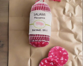 Play food Italian Salami piccante handmade soft toy, plant based silkscreen print on pure cotton and canvas. Made in Denmark