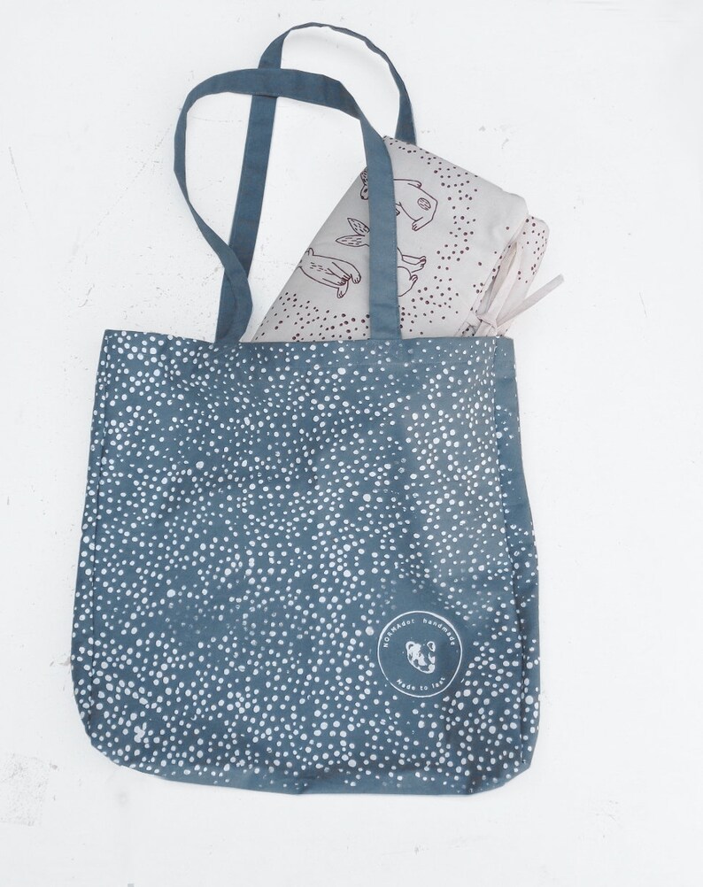 Craftsmanship Dusty Blue Polkadot Tote bag Handmade Eco Friendly Silkscreened Design