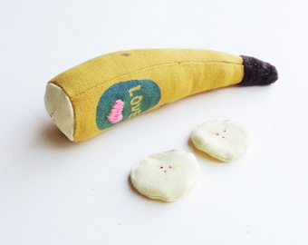 Play food Yellow banana with 2 banana slices (3 pieces), handmade pure cotton canvas and velvet toy, pretend play fruit toy, fake banana