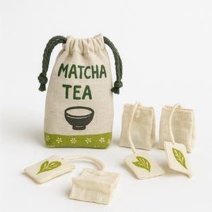 Handmade Matcha Tea Bag Pretend Play Set –  Cotton, Handprinted Storage Bag, Montessori Play Food