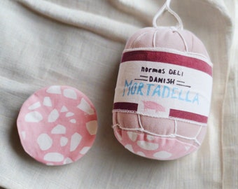 Kids pretend play market food textile toy mortadella, washable, sustainable ,pure canvas and velvet ,handmade in Denmark