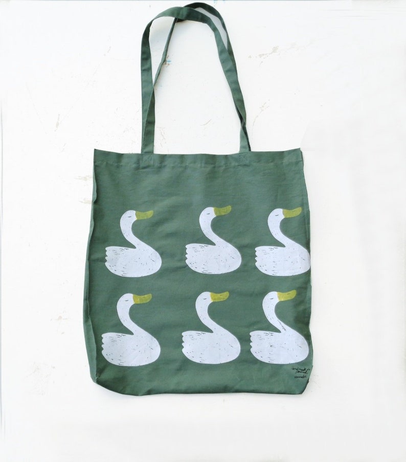 Grocery Bag Mothers Day Gift Gift For Her Handmade Gifts Tote Bag Gift For Mom Beach Bag Pretty Swan Silkscreen Print Cotton Bag