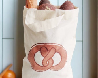 Grocery , Bakery cotton canvas tote bag with pretzel print for a childs pretend play. Handmade in Denmark