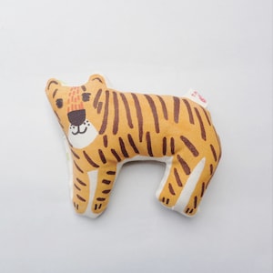 Baby Rattle Tiger Stuffed eco friendly handmade washable canvas toy . Made in Denmark