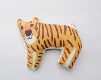 Baby Rattle Tiger Stuffed eco friendly handmade washable canvas toy . Made in Denmark