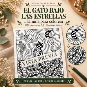 May include: A black and white coloring page titled EL GATO BAJO LAS ESTRELLAS featuring a cat, stars, and a crescent moon. The design includes wavy lines and floral patterns. The text VISTA PREVIA is overlaid on the center of the page.