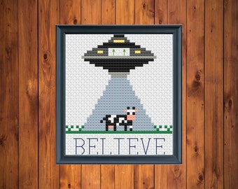 Do moo believe? | Alien Abduction Cross Stitch Pattern | PDF Pattern