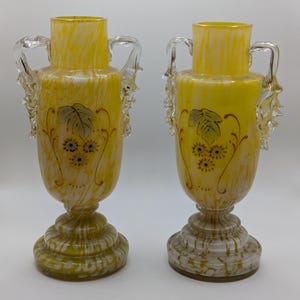 Pair of Antique Franz Welz Bohemian Spatter Glass Vases, Hand-Painted Floral Enamel (Circa 1890)