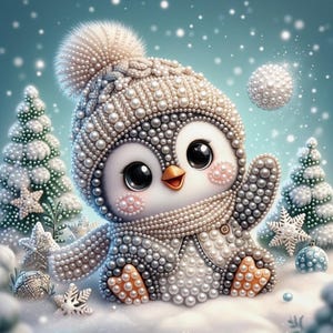 Pearl Painting Little Winter Penguin, Bead Painting, Diamond Painting, Paint by Numbers for Adults and Children, DIY, Gift