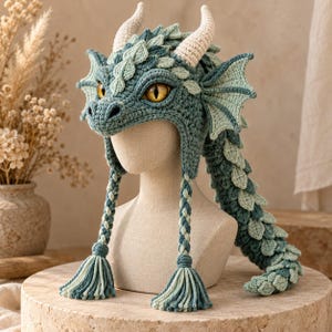 May include: A crocheted dragon hat in shades of teal and light green, featuring two cream-colored horns, large yellow eyes with vertical pupils, side fins, and a long, scaled tail. Two braided tassels hang from the sides of the headpiece.