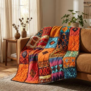 May include: A patchwork quilt featuring a variety of square fabric panels in vibrant shades of orange, red, blue, and teal. The quilt displays diverse geometric patterns, intricate stitching, and textured surfaces, draped over the edge of a sofa.